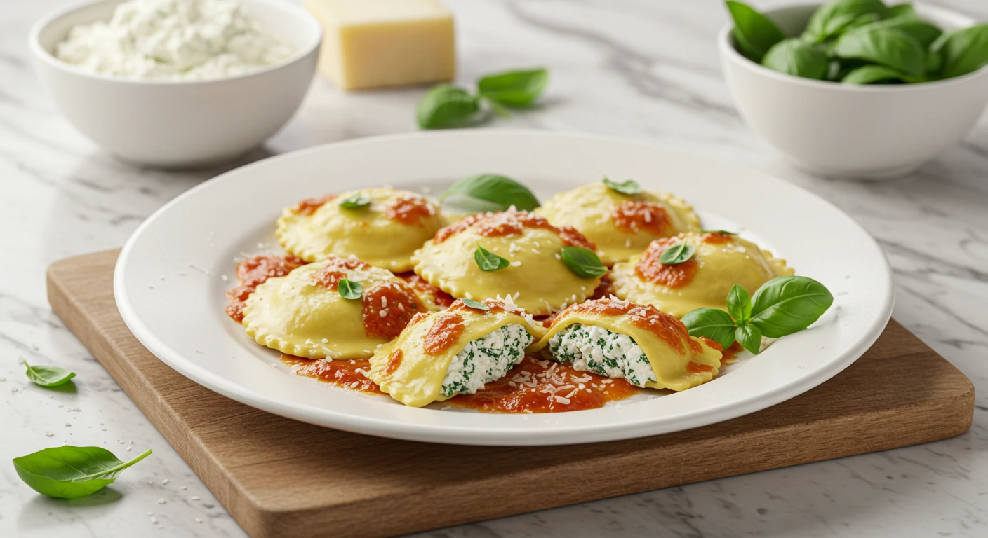 Imagem de raviolis cozidos em molho de tomate, decorados com folhas de manjericão.